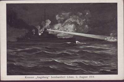 1914 SMS -AUGSBURG- BOMBARDS THE RUSSIAN PORT OF LIBAU 2 AUGUST 1914.jpg